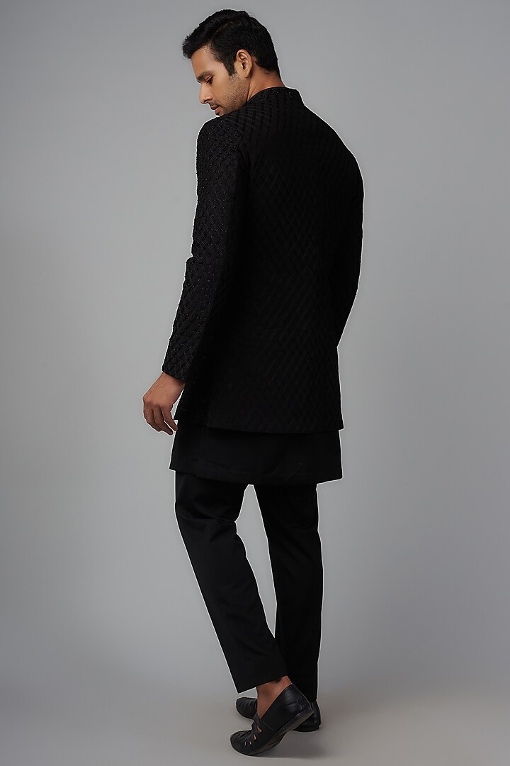 Black Silk Embellished Groom Indowestern Set by Qbik Men at Pernia's Pop Up Shop
