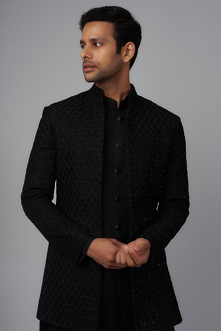 Black Silk Embellished Groom Indowestern Set by Qbik Men at Pernia's Pop Up Shop