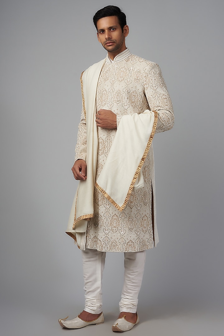 Ivory Velvet Embellished Sherwani Set by Qbik Men