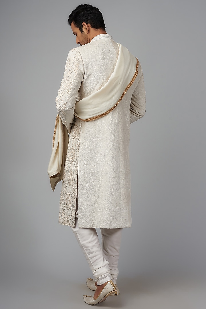 Ivory Velvet Embellished Groom Sherwani Set by Qbik Men at Pernia's Pop Up Shop