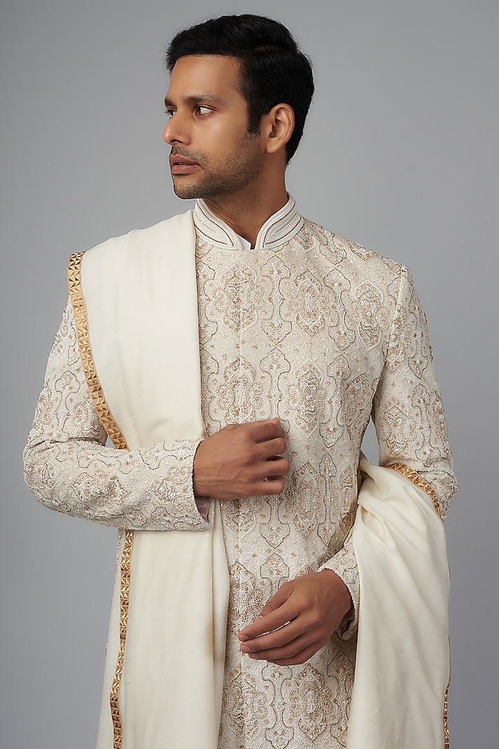 Ivory Velvet Embellished Groom Sherwani Set by Qbik Men at Pernia's Pop Up Shop