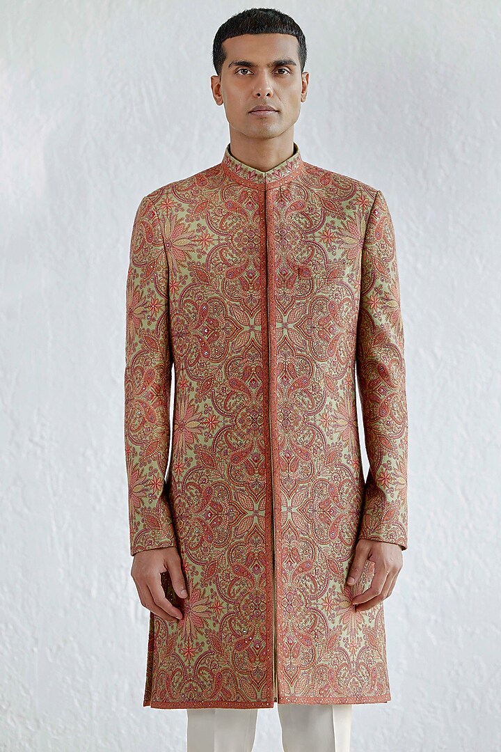 Pista Green Kashmiri Embroidered Groom Sherwani Set by Qbik Men at Pernia's Pop Up Shop