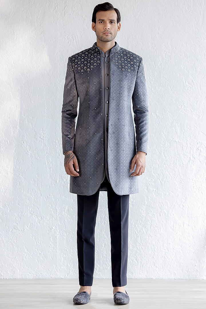Grey Embossed Velvet Embroidered Indo-Western Set by Qbik Men at Pernia's Pop Up Shop