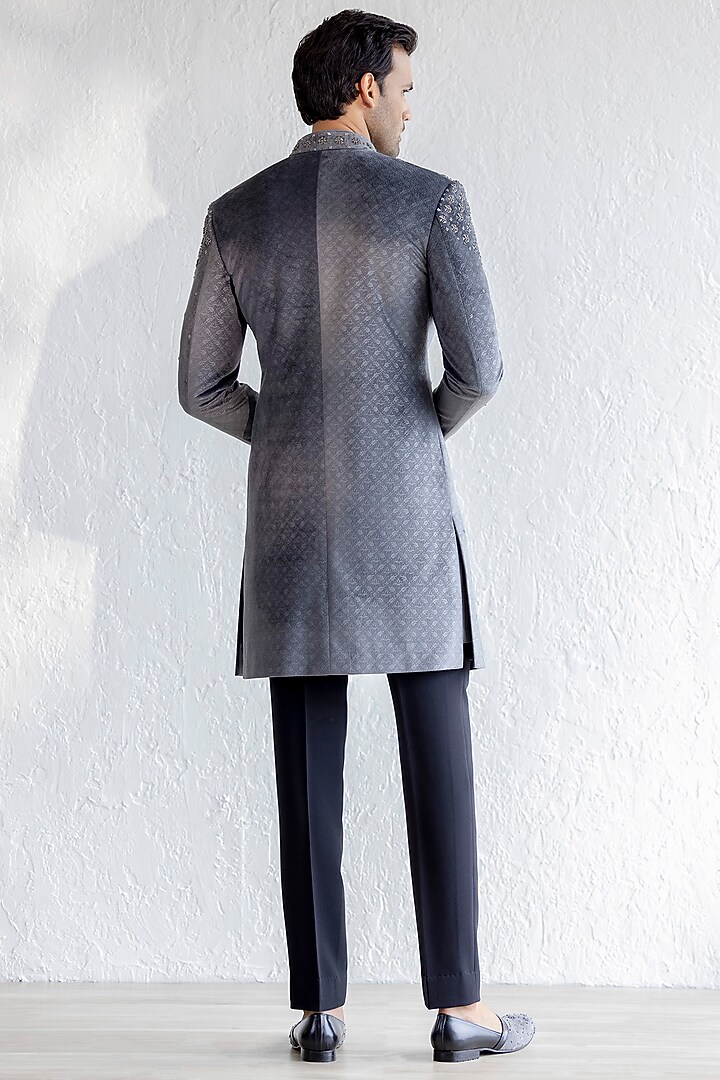 Grey Embossed Velvet Embroidered Indo-Western Set by Qbik Men at Pernia's Pop Up Shop