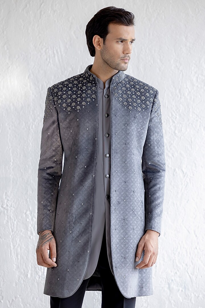 Grey Embossed Velvet Embroidered Indo-Western Set by Qbik Men at Pernia's Pop Up Shop
