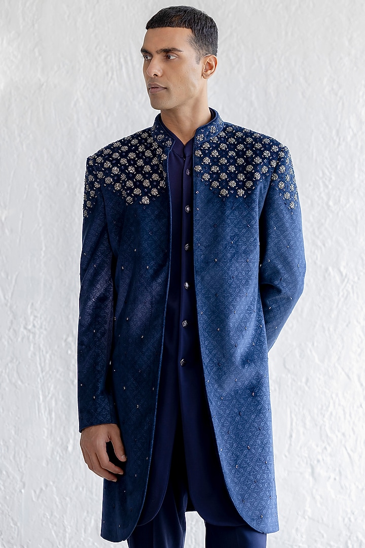Navy Blue Embossed Velvet Embroidered Indo-Western Set by Qbik Men at Pernia's Pop Up Shop