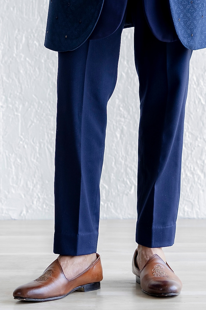 Navy Blue Embossed Velvet Embroidered Indo-Western Set by Qbik Men at Pernia's Pop Up Shop