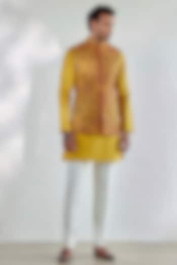Yellow Kashmiri Embroidered Nehru Jacket Set by Qbik Men