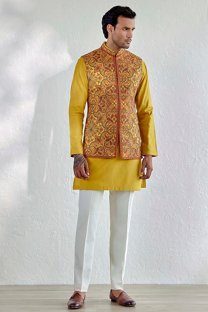 Yellow Kashmiri Embroidered Nehru Jacket Set by Qbik Men
