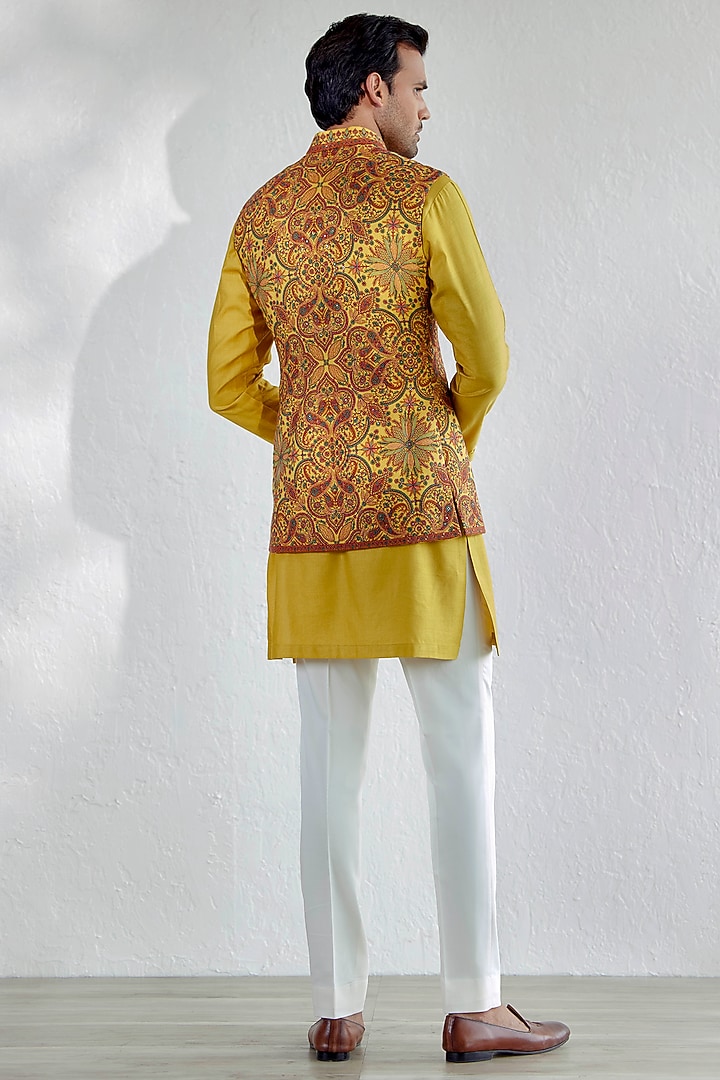 Yellow Kashmiri Embroidered Nehru Jacket Set by Qbik Men at Pernia's Pop Up Shop