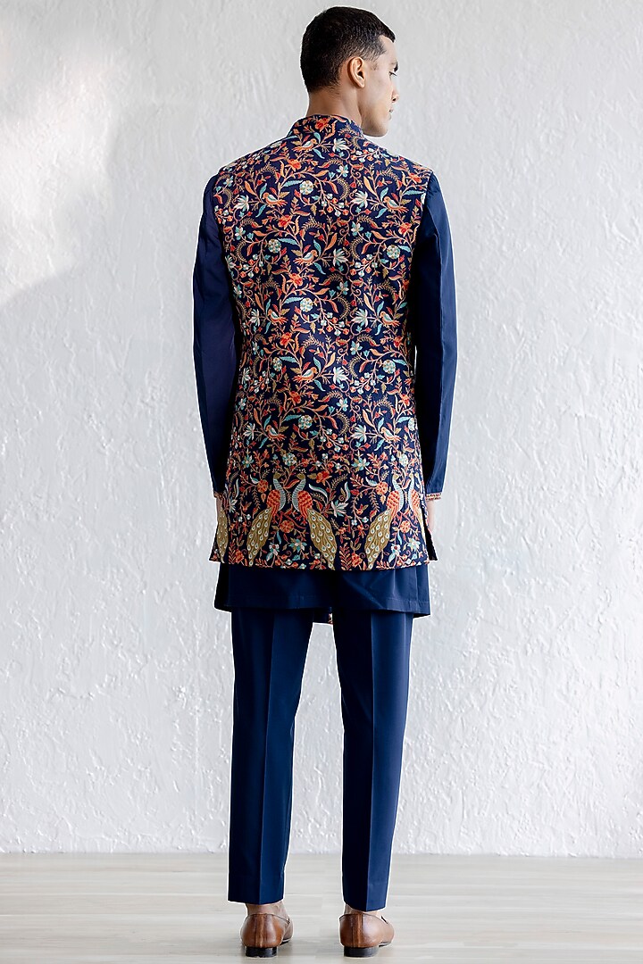 Navy Blue Kashmiri Embroidered Wedding Indowestern Set by Qbik Men at Pernia's Pop Up Shop