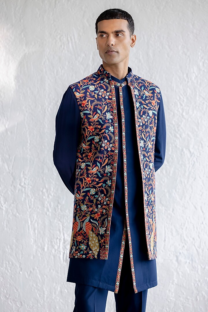 Navy Blue Kashmiri Embroidered Wedding Indowestern Set by Qbik Men at Pernia's Pop Up Shop