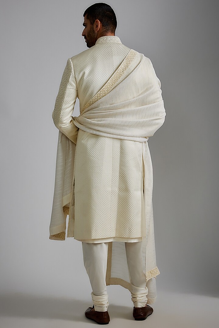 Ivory Jacquard Embroidered Groom Sherwani Set by Qbik Men at Pernia's Pop Up Shop