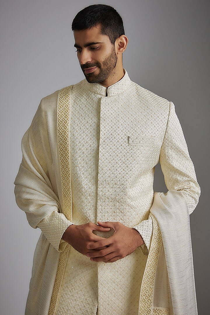 Ivory Jacquard Embroidered Groom Sherwani Set by Qbik Men at Pernia's Pop Up Shop