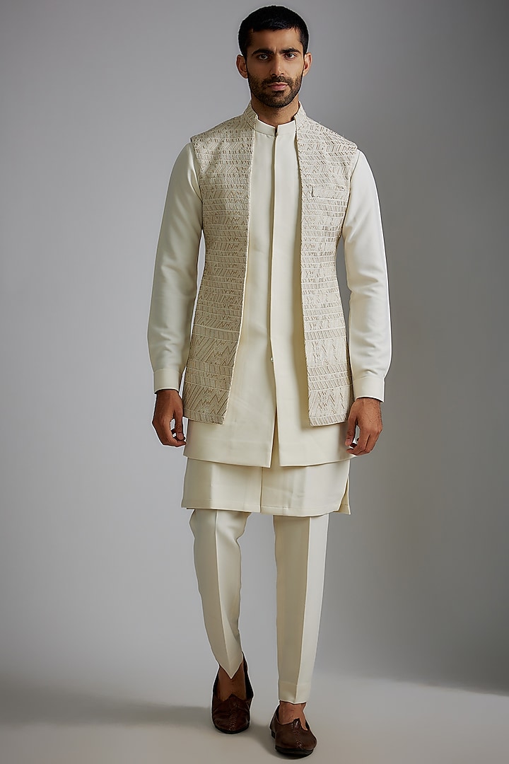White Viscose Wool Embroidered Indowestern Set by Qbik Men