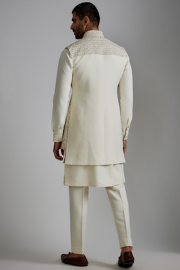 White Viscose Wool Embroidered Wedding Indowestern Set by Qbik Men at Pernia's Pop Up Shop