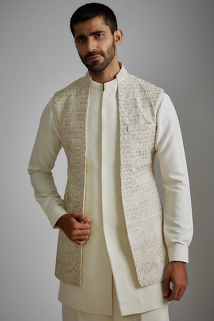 White Viscose Wool Embroidered Wedding Indowestern Set by Qbik Men at Pernia's Pop Up Shop