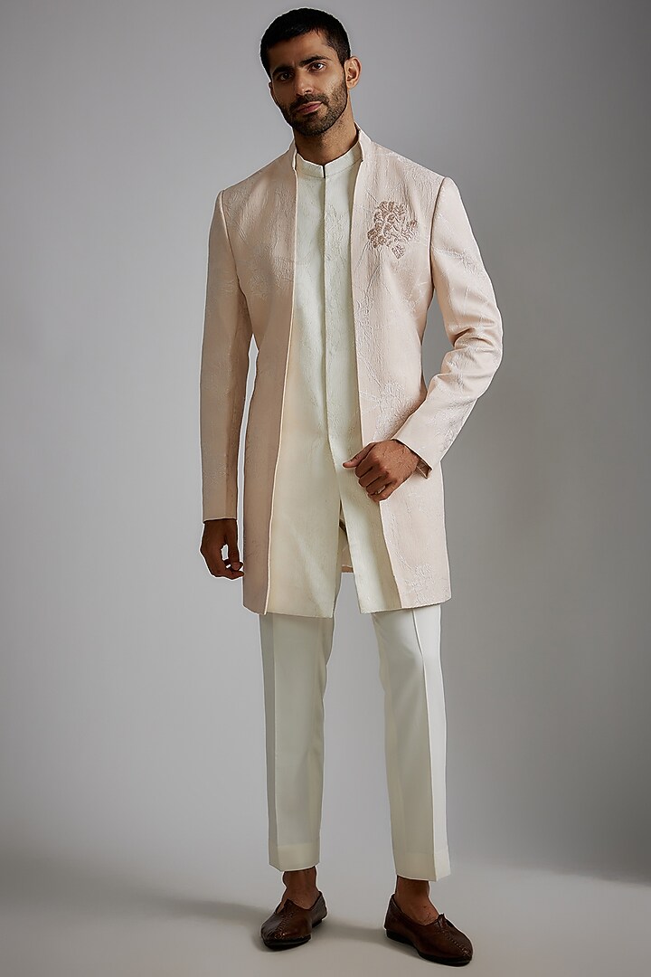 Powder Pink Jacquard & Wool Embroidered Wedding Indowestern Set by Qbik Men at Pernia's Pop Up Shop