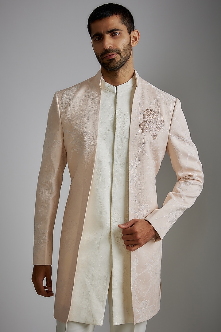 Powder Pink Jacquard & Wool Embroidered Wedding Indowestern Set by Qbik Men at Pernia's Pop Up Shop
