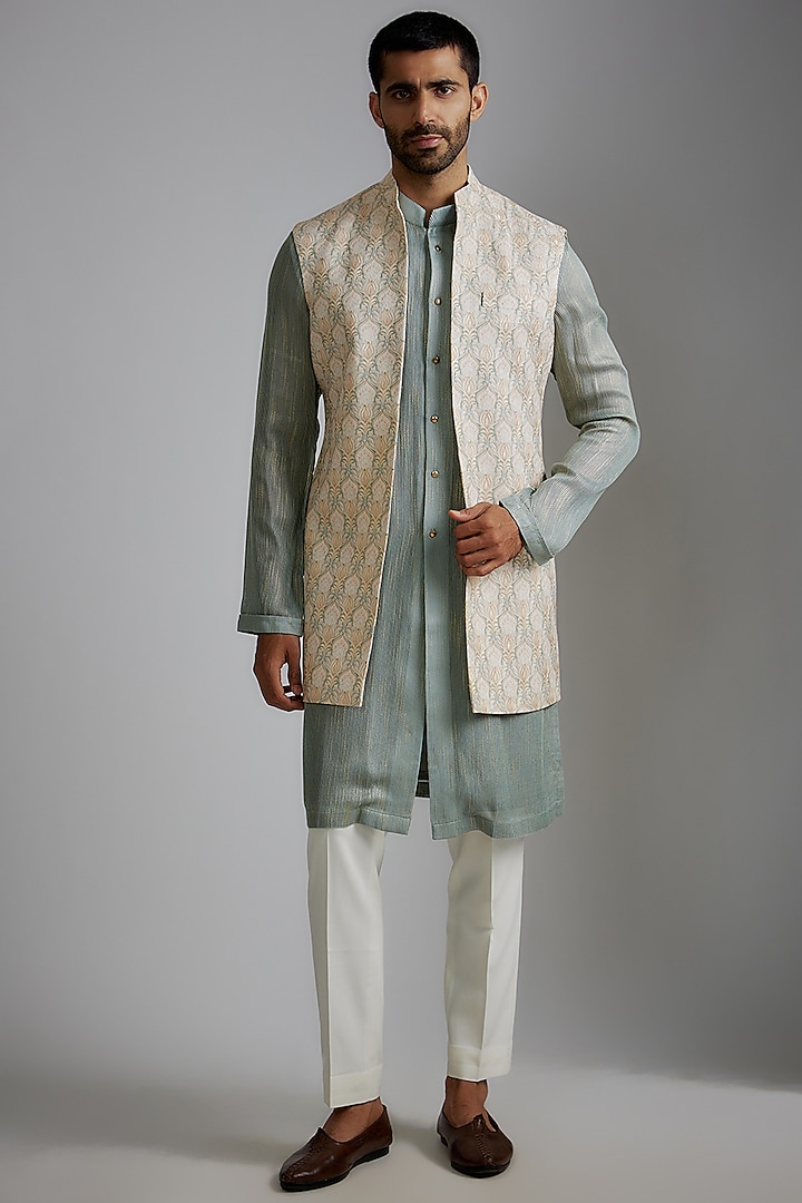 Multi-Colored Viscose Wool Embroidered Indowestern Set by Qbik Men