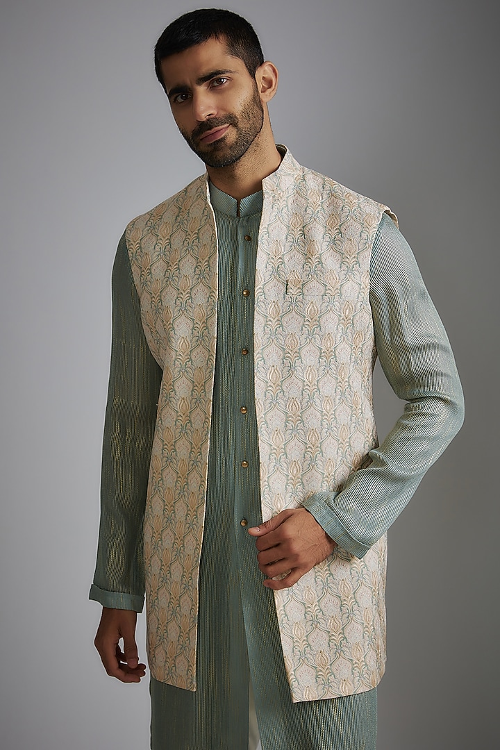 Multi-Colored Viscose Wool Embroidered Wedding Indowestern Set by Qbik Men at Pernia's Pop Up Shop