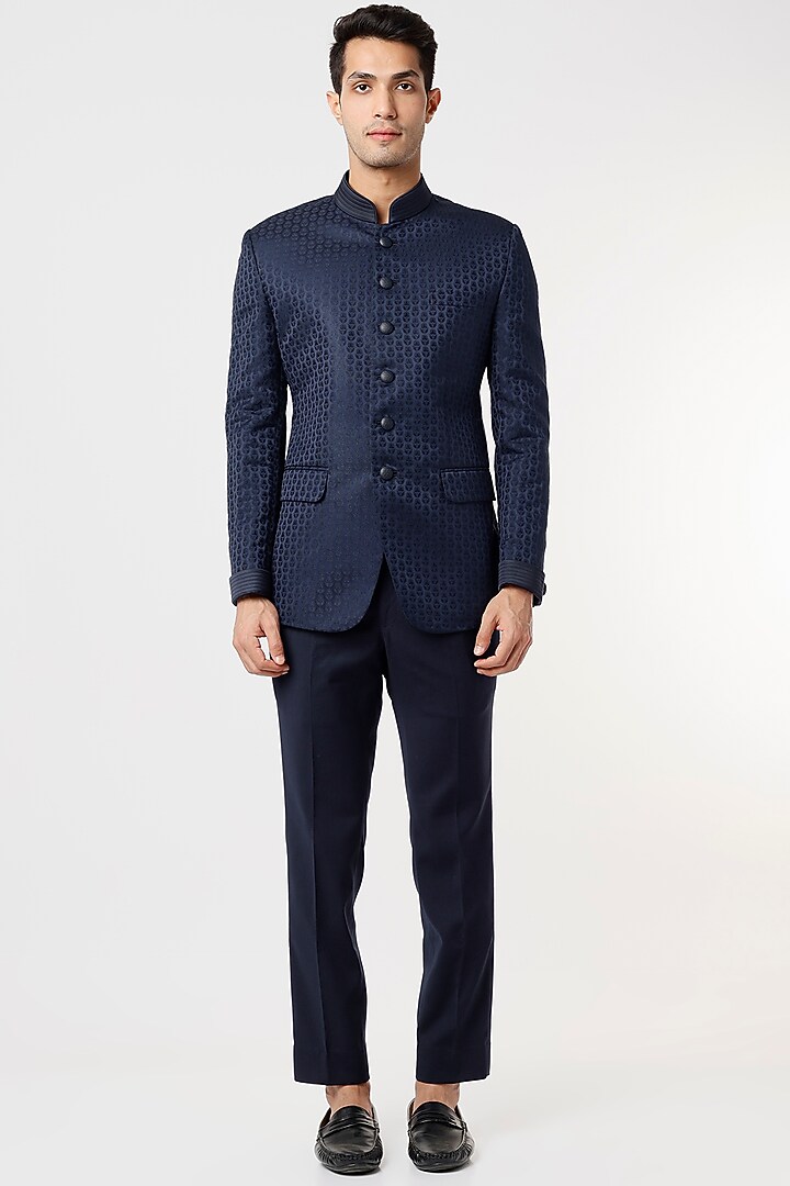 Midnight Blue Viscose Wedding Bandhgala Set by Qbik Men at Pernia's Pop Up Shop
