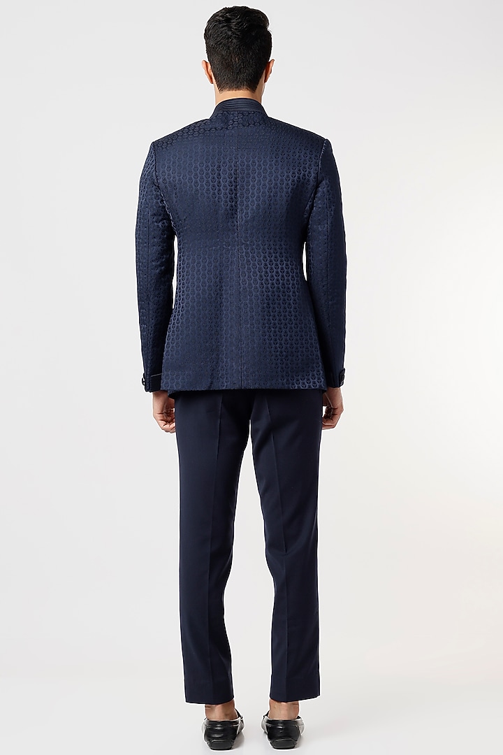 Midnight Blue Viscose Wedding Bandhgala Set by Qbik Men at Pernia's Pop Up Shop
