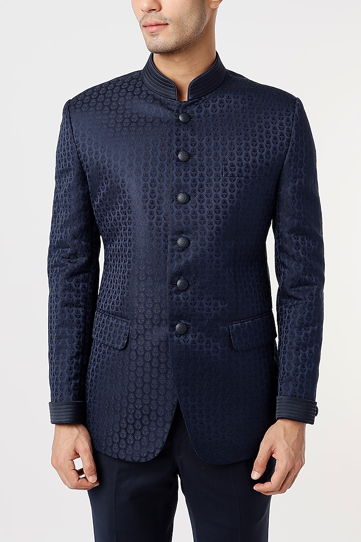 Midnight Blue Viscose Wedding Bandhgala Set by Qbik Men at Pernia's Pop Up Shop