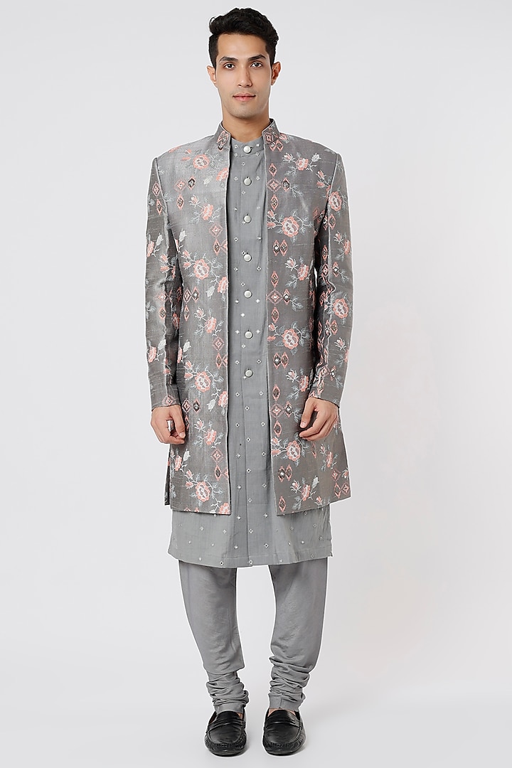 Grey Embroidered Indowestern Jacket With Kurta Set by Qbik Men