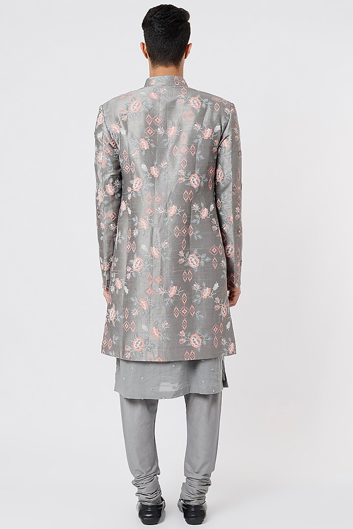 Grey Embroidered Wedding Indowestern Jacket With Kurta Set by Qbik Men at Pernia's Pop Up Shop