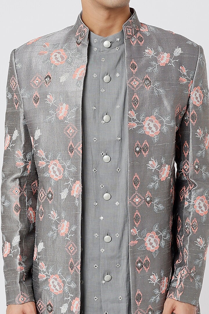 Grey Embroidered Wedding Indowestern Jacket With Kurta Set by Qbik Men at Pernia's Pop Up Shop