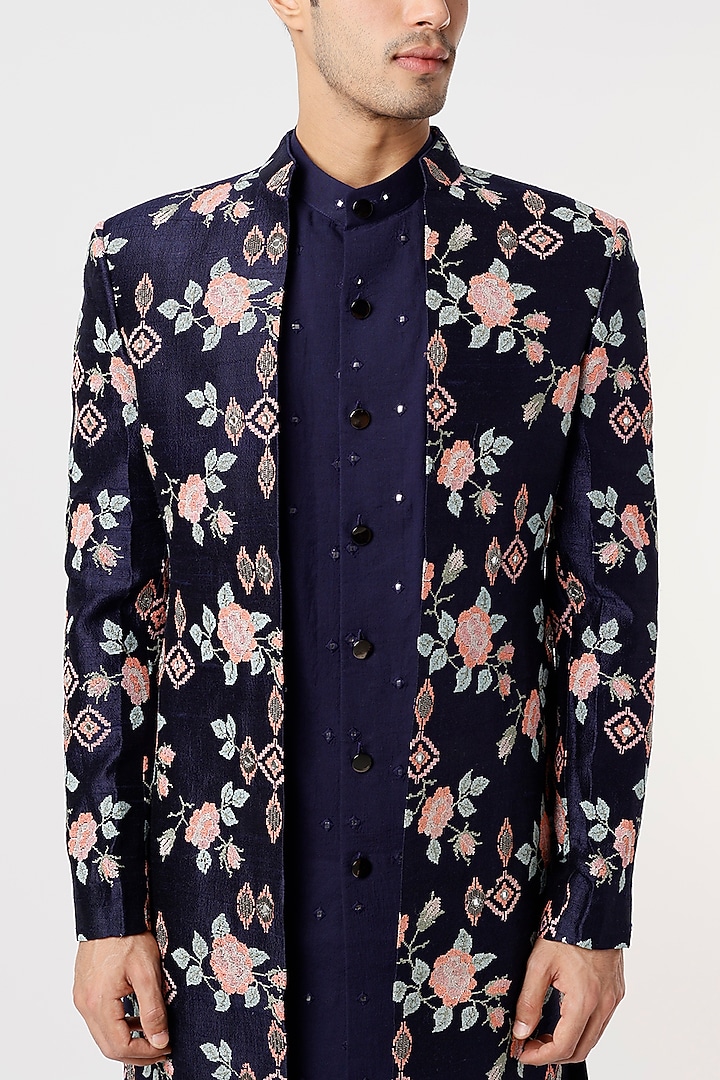 Midnight Blue Embroidered Indo Western Set by Qbik Men at Pernia's Pop Up Shop