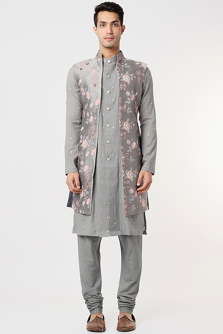 Grey Embroidered Kurta Set With Jacket by Qbik Men at Pernia's Pop Up Shop
