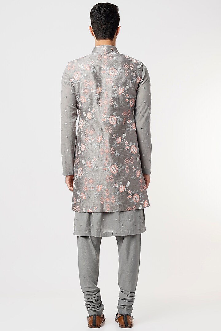 Grey Embroidered Kurta Set With Jacket by Qbik Men at Pernia's Pop Up Shop