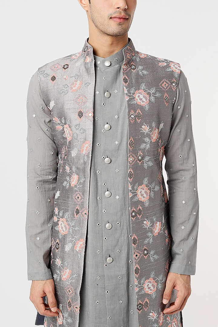 Grey Embroidered Kurta Set With Jacket by Qbik Men at Pernia's Pop Up Shop
