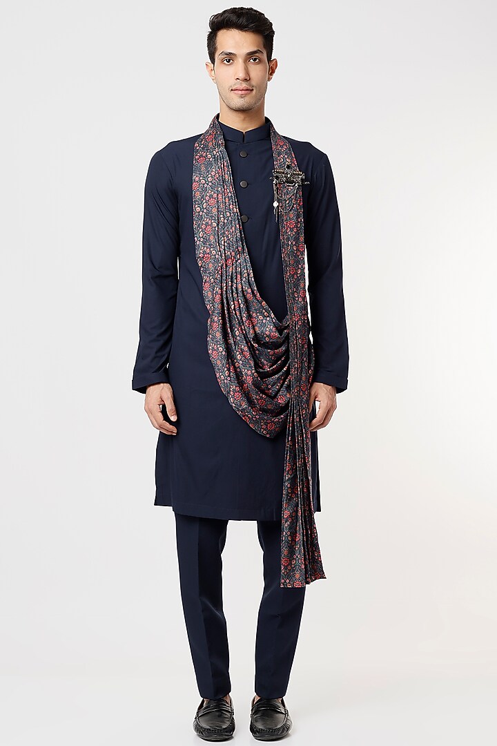 Midnight Blue Viscose Kurta Set With Drape by Qbik Men at Pernia's Pop Up Shop