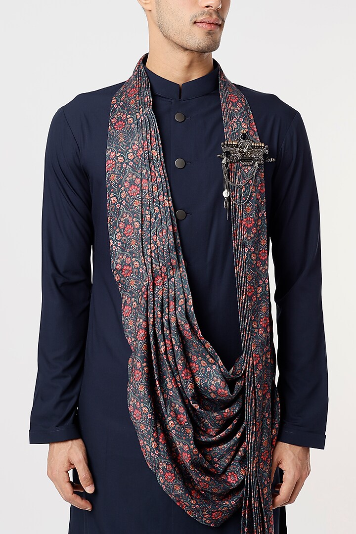 Midnight Blue Viscose Kurta Set With Drape by Qbik Men at Pernia's Pop Up Shop