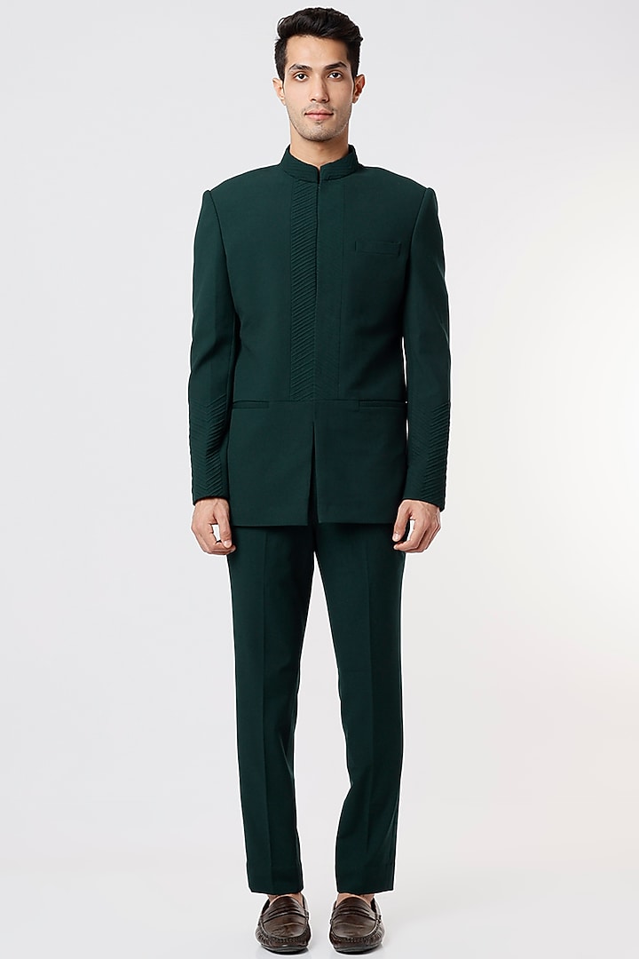 Green Viscose Wool Wedding Bandhgala Set by Qbik Men at Pernia's Pop Up Shop