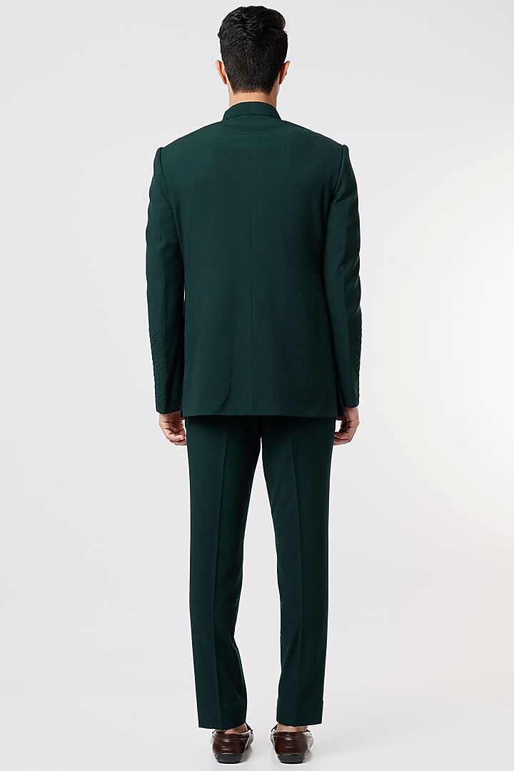 Green Viscose Wool Wedding Bandhgala Set by Qbik Men at Pernia's Pop Up Shop