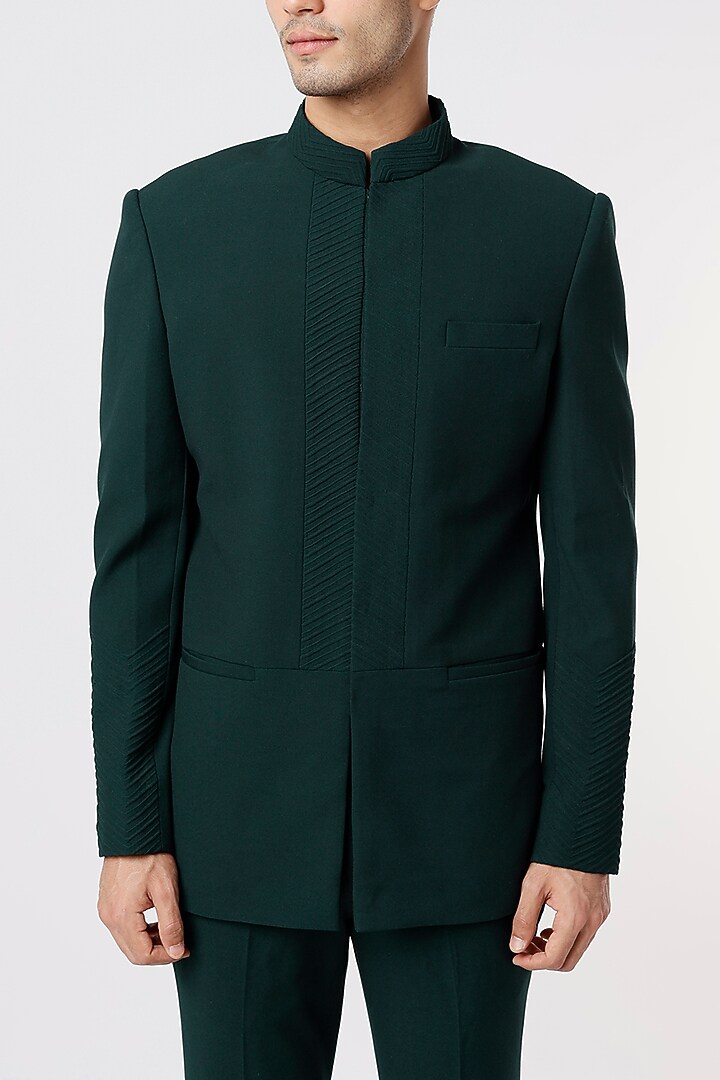 Green Viscose Wool Wedding Bandhgala Set by Qbik Men at Pernia's Pop Up Shop