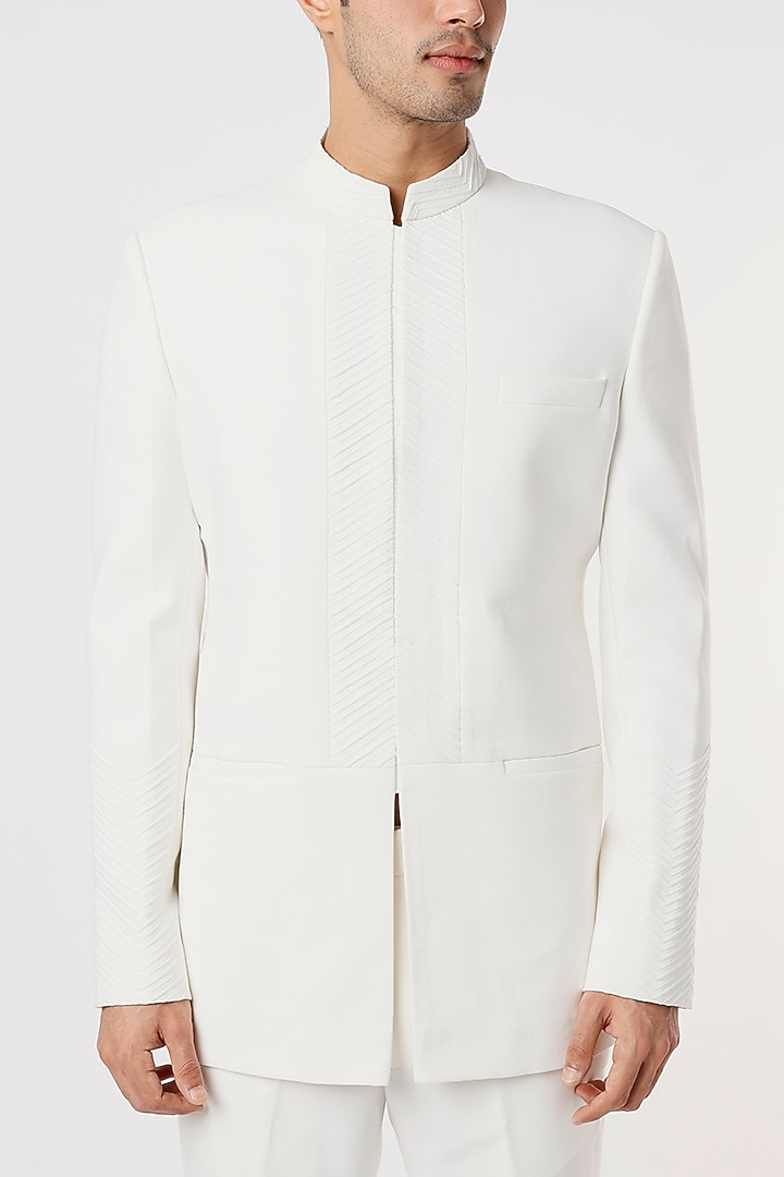 White Viscose Wool Wedding Bandhgala Set by Qbik Men at Pernia's Pop Up Shop
