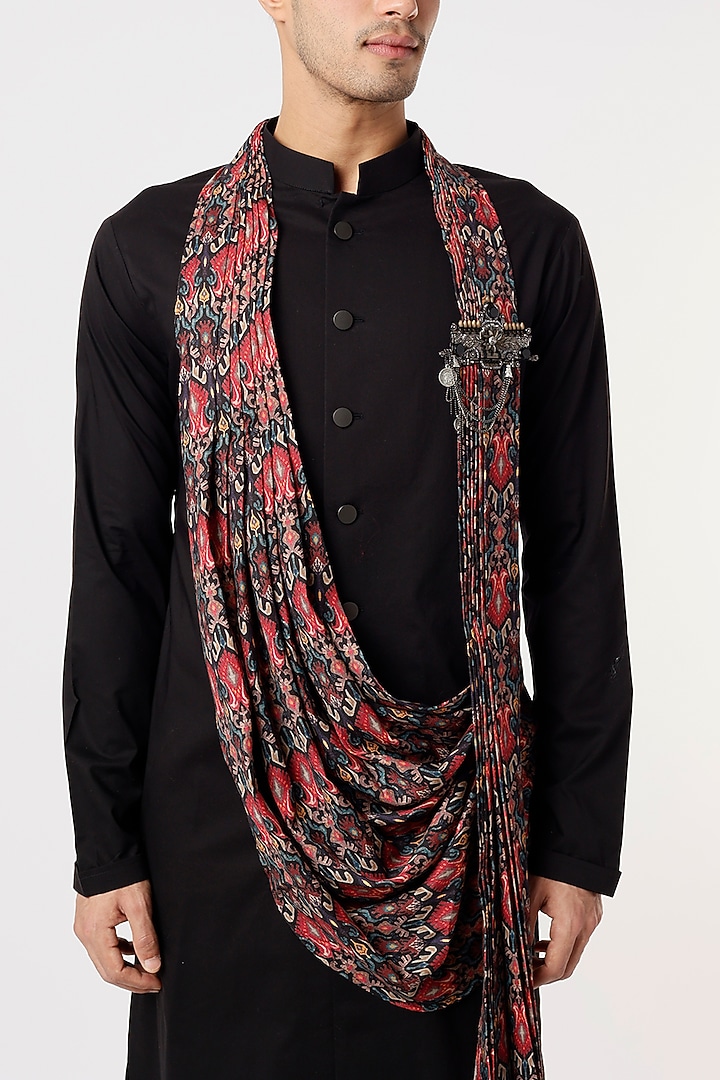 Black Viscose Wool Kurta Set With Drape by Qbik Men at Pernia's Pop Up Shop