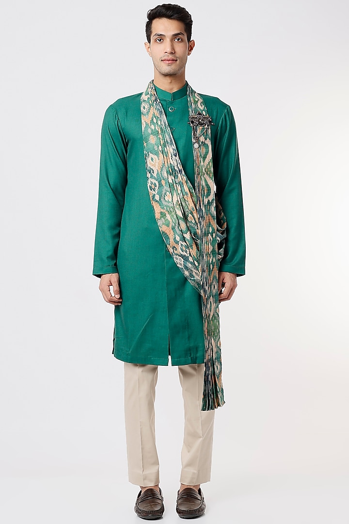 Turquoise Viscose Wool Kurta Set With Drape by Qbik Men