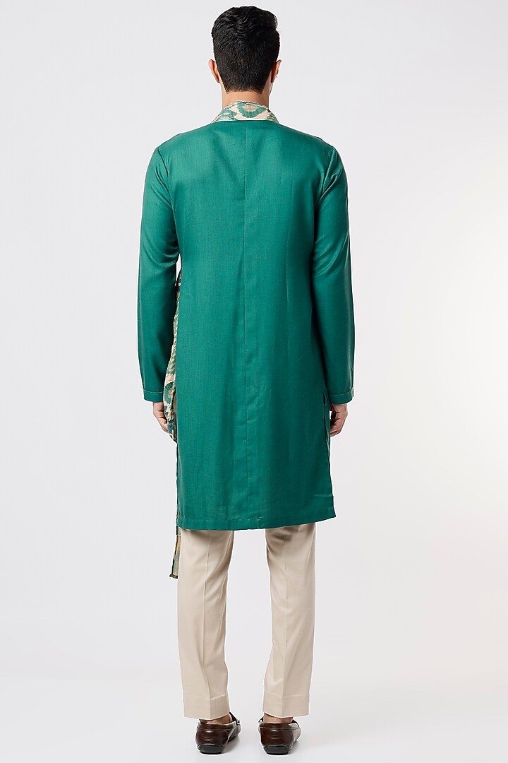 Turquoise Viscose Wool Kurta Set With Drape by Qbik Men at Pernia's Pop Up Shop