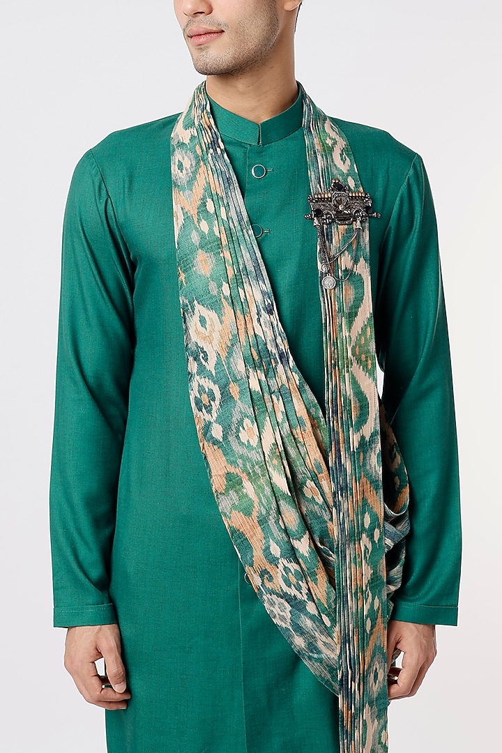 Turquoise Viscose Wool Kurta Set With Drape by Qbik Men at Pernia's Pop Up Shop