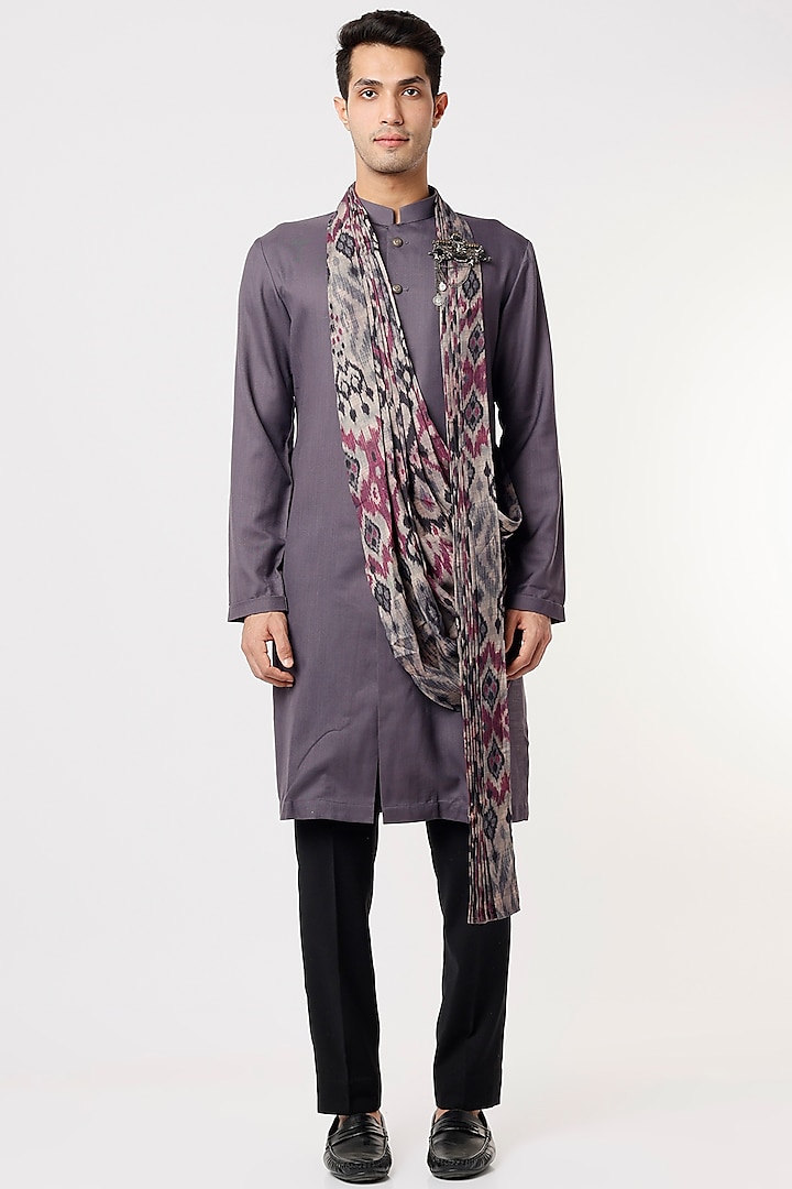 Purple Viscose Wool Kurta Set With Drape by Qbik Men