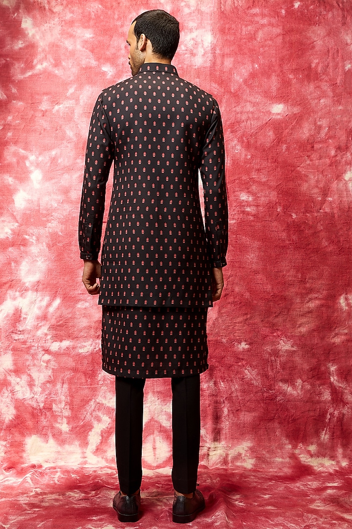 Black Printed Cotton Viscose Wedding Indowestern Jacket by Qbik Men at Pernia's Pop Up Shop