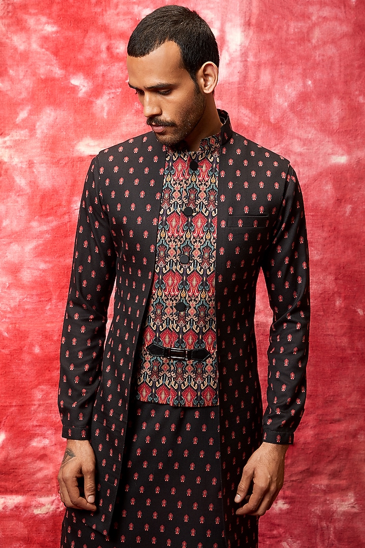 Black Printed Cotton Viscose Wedding Indowestern Jacket by Qbik Men at Pernia's Pop Up Shop