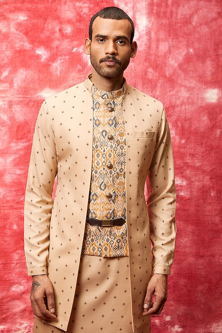 Beige Printed Wedding Indowestern Set by Qbik Men at Pernia's Pop Up Shop