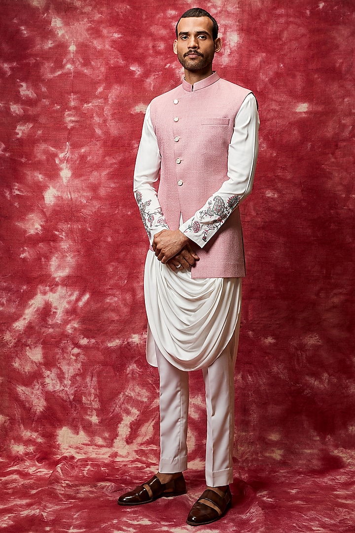 Pink Matka Silk Kurta Set With Bundi Jacket by Qbik Men